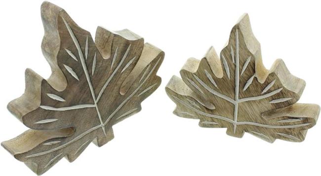 Preview: 2x Deko Blatt "Geflammt" aus Mango Holz, 12 + 16 cm hoch, Herbstdeko, Tischdeko, Fensterdeko