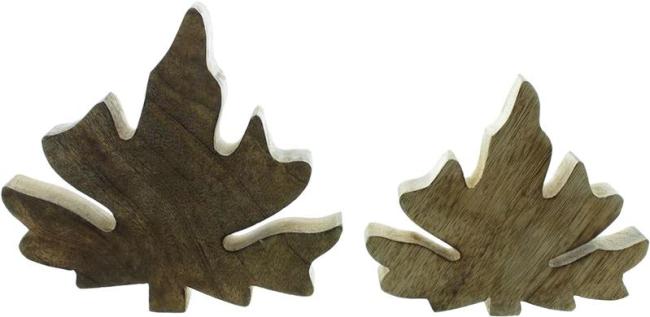 2x Deko Blatt "Geflammt" aus Mango Holz, 12 + 16 cm hoch, Herbstdeko, Tischdeko, Fensterdeko
