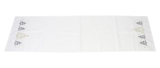 Tischläufer "Weihnachtsbäumchen" in weiß, 40x140 cm, Mitteldecke bestickt mit Tannenbäumen in gold & anthrazit