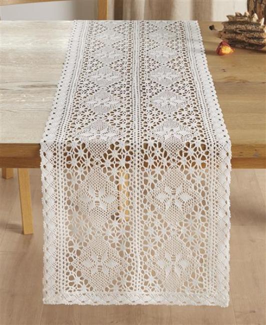 Preview: Tischläufer "Gehäkelt" in weiß, 40x140 cm, Mitteldecke in offwhite