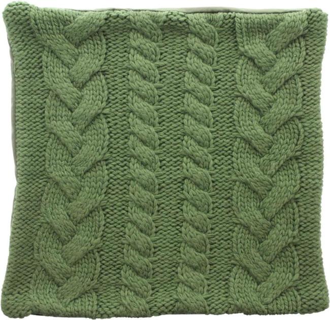 Preview: Kissenhülle "Zopfmuster" in grün, 45x45 cm, Strickmuster, Rückseite Samt, Kissenbezug mit Strickmuster, Zierkissenbezug mit eingearbeitetem Reißverschluss
