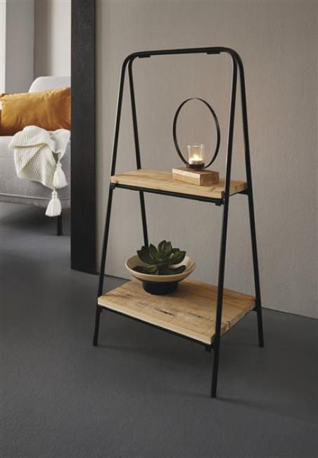 Preview: Regal "Modern" aus Metall, schwarz + 2 Böden aus recyceltem Holz, Blumenregal, Etagere, Pflanzenständer