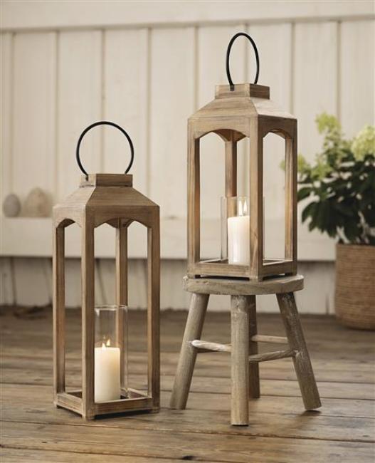 Preview: 2x Laterne "Wood" aus Holz, 38 + 48 cm hoch, Bodenlaterne, Kerzenlaterne, Holzlaterne, Windlicht