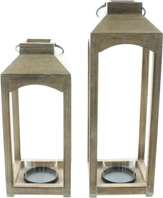Preview: 2x Laterne "Wood" aus Holz, 38 + 48 cm hoch, Bodenlaterne, Kerzenlaterne, Holzlaterne, Windlicht