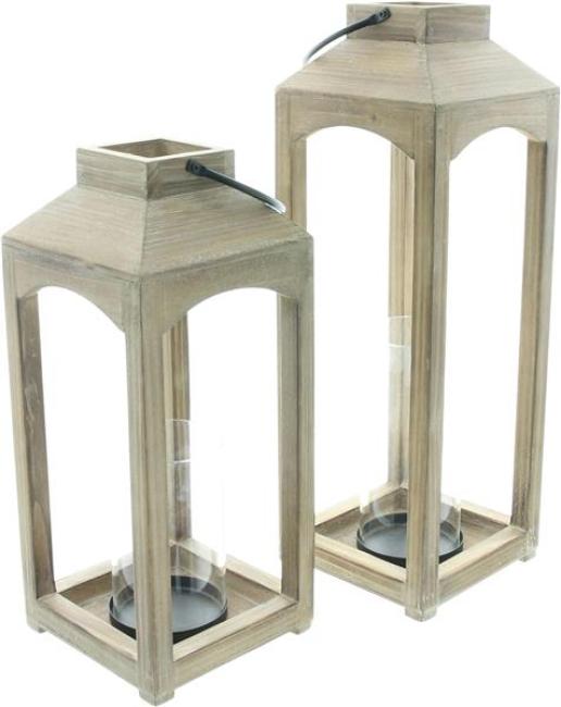 Preview: 2x Laterne "Wood" aus Holz, 38 + 48 cm hoch, Bodenlaterne, Kerzenlaterne, Holzlaterne, Windlicht