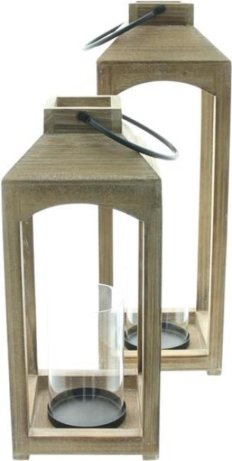 2x Laterne "Wood" aus Holz, 38 + 48 cm hoch, Bodenlaterne, Kerzenlaterne, Holzlaterne, Windlicht