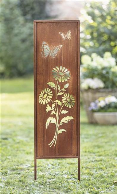 Preview: Metallschild "Blumen & Schmetterlinge" mit Echtrost Finish, 117 cm hoch, Dekoschild, Gartenstecker, Gartenschild