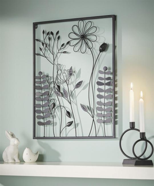 3D Wandbild "Black Flowers" aus Metall, 43x58 cm, in edlem matt schwarz, Wanddeko, Wandschmuck