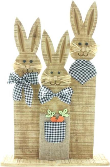 Preview: Osterdeko Hasentrio "Karo-Look" aus Holz, Shabby Optik, 58 cm hoch, Osterhasen, Dekofigur