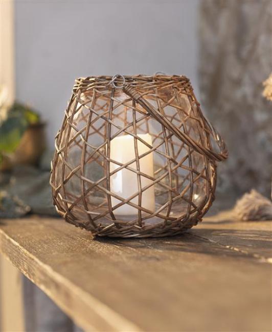 Preview: Windlicht "Geflecht" aus Glas, Kerzenglas mit Weidenkorb & Henkel, Kerzenhalter für Stumpenkerzen, Dekoglas