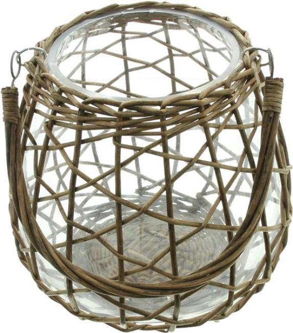 Preview: Windlicht "Geflecht" aus Glas, Kerzenglas mit Weidenkorb & Henkel, Kerzenhalter für Stumpenkerzen, Dekoglas
