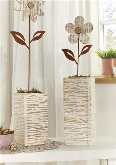 Preview: 2x Dekovase "White Shabby" aus recyceltem Holz, 23 + 30 cm hoch, Vase für Trockenblumen, Blumenvase, Vasenset