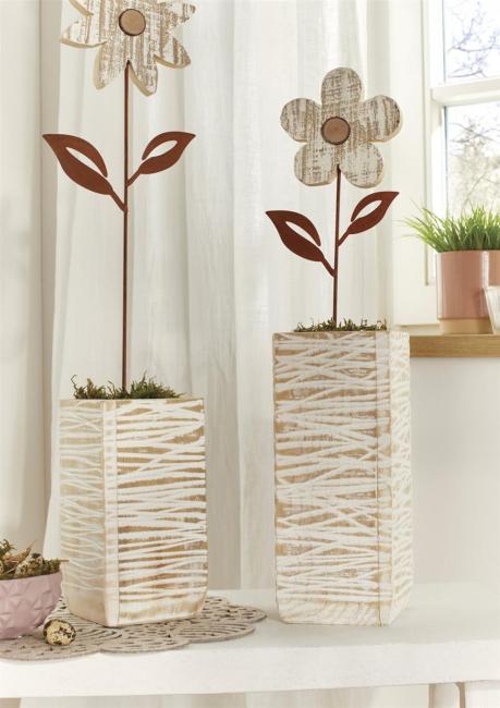 2x Dekovase "White Shabby" aus recyceltem Holz, 23 + 30 cm hoch, Vase für Trockenblumen, Blumenvase, Vasenset