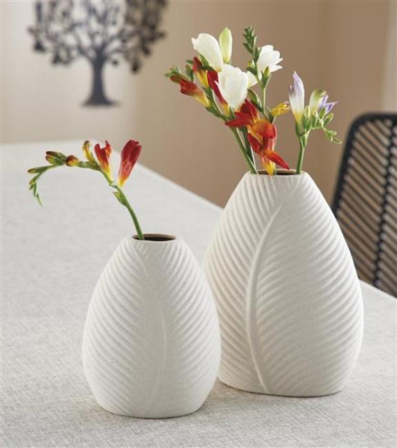 Preview: 2x Blumenvase "Blattstruktur" aus Porzellan, beige, Vase, Dekovase, Vasenset