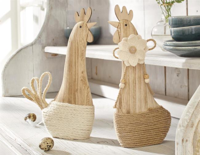 2x Dekofigur "Holzhuhn" Osterdeko aus Holz, 2 Hühner 28 cm hoch, Dekohuhn