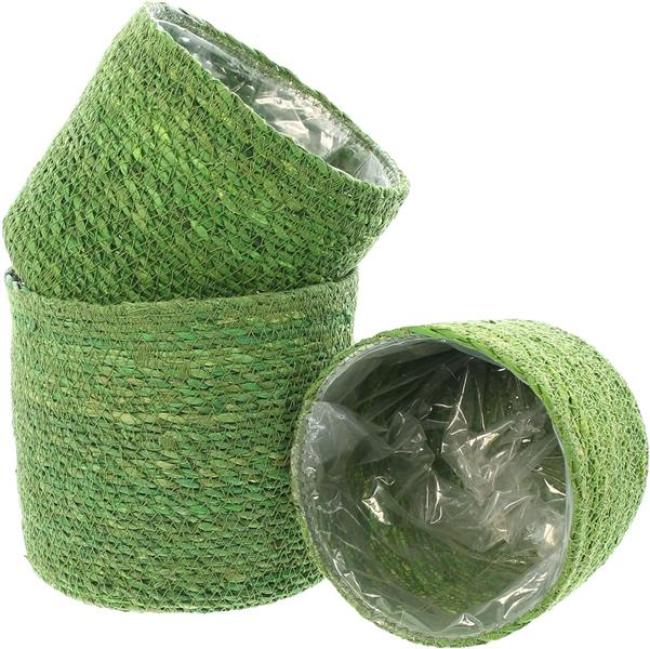 Preview: 3x Pflanzkorb "Green" aus Seegras, grün, Blumentopf, Pflanzkübel, Pflanztopf für Drinnen & Draußen, Blumenkübel