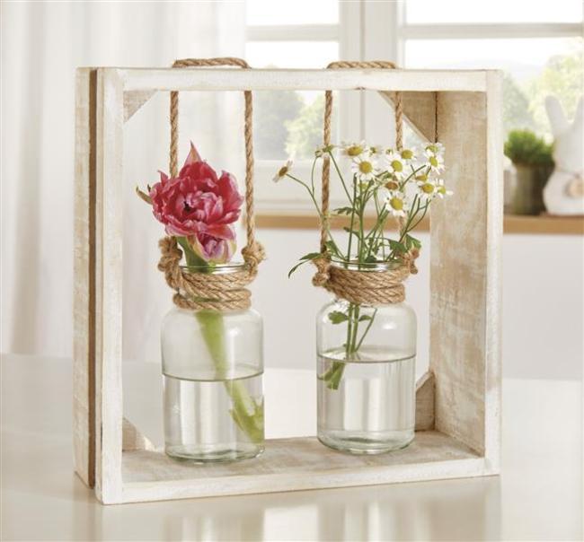 Preview: Holzrahmen "Väschen" mit 2 Glasvasen, Vasenhalter aus Holz mit Blumenvase in Flaschenform, Vase, Vasenset