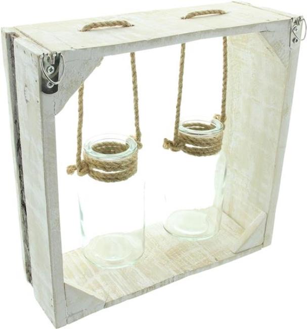 Holzrahmen "Väschen" mit 2 Glasvasen, Vasenhalter aus Holz mit Blumenvase in Flaschenform, Vase, Vasenset