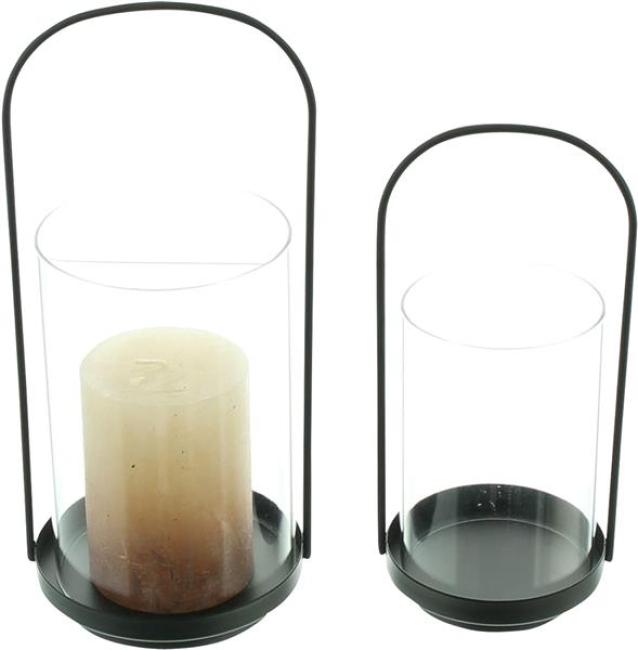 Preview: 2x Windlicht "Minimal" aus Metall, schwarz & Glas, Kerzenhalter für Stumpenkerzen, Kerzenglas, Windlichtglas