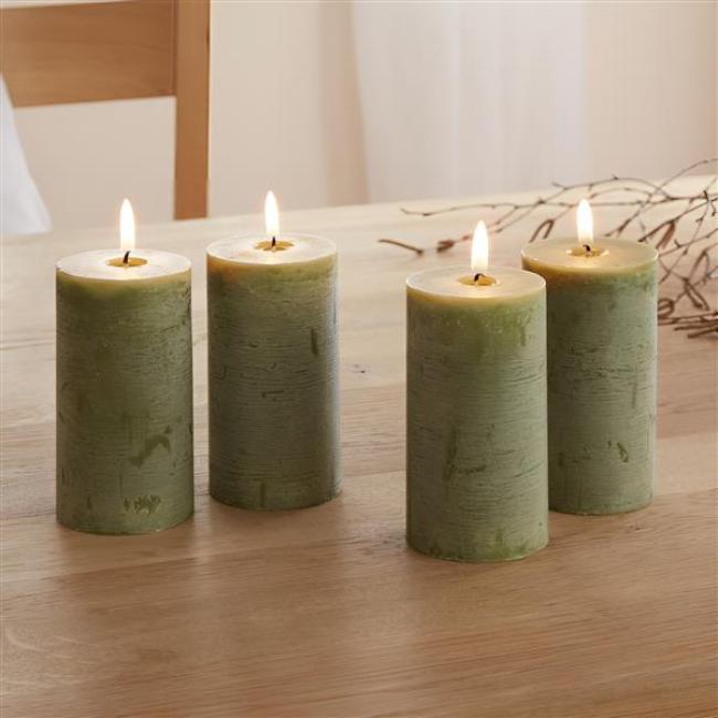 Preview: Wachskerze "Rustic Green" im 4er Set, grün, Ø 6x12 cm, Stumpenkerze, Advent, Kerze