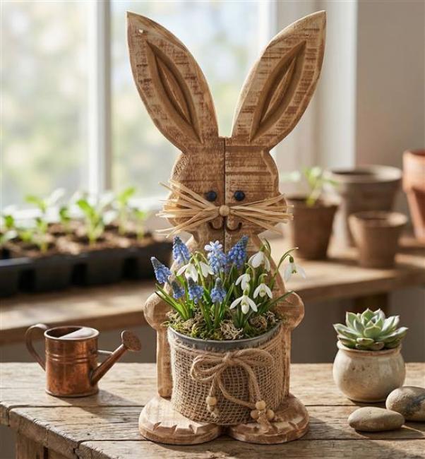 Preview: Dekofigur "Hase" aus Holz in Shabby Optik, mit Pflanztopf aus Metall, Osterdeko, Tischdeko, Osterhase, Holzdeko