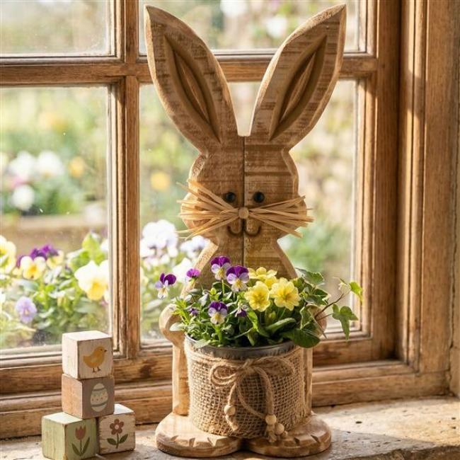 Preview: Dekofigur "Hase" aus Holz in Shabby Optik, mit Pflanztopf aus Metall, Osterdeko, Tischdeko, Osterhase, Holzdeko