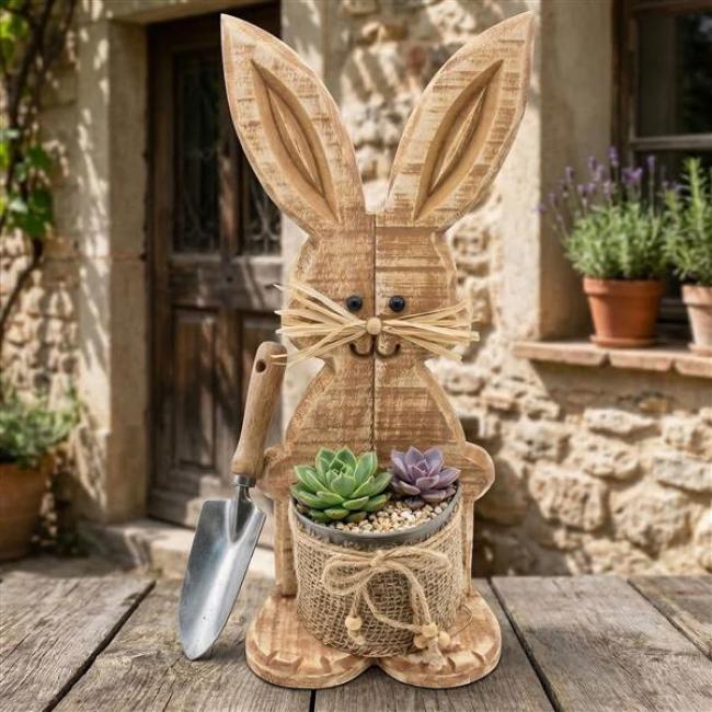 Preview: Dekofigur "Hase" aus Holz in Shabby Optik, mit Pflanztopf aus Metall, Osterdeko, Tischdeko, Osterhase, Holzdeko