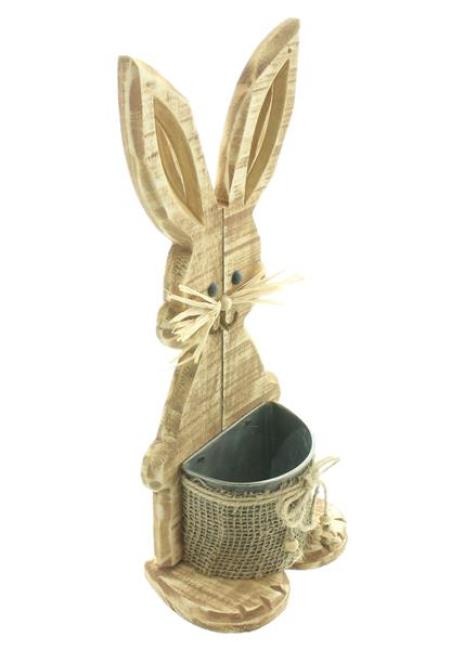 Dekofigur "Hase" aus Holz in Shabby Optik, mit Pflanztopf aus Metall, Osterdeko, Tischdeko, Osterhase, Holzdeko