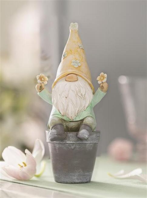 Preview: Dekofigur Wichtel "Blümchen" aus Polyresin, gelb / grün, Frühlingsdeko, Gartenzwerg, Gartendeko für Draußen