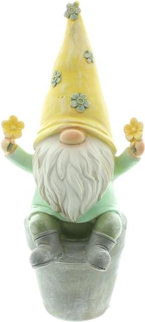 Preview: Dekofigur Wichtel "Blümchen" aus Polyresin, gelb / grün, Frühlingsdeko, Gartenzwerg, Gartendeko für Draußen