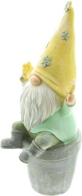 Preview: Dekofigur Wichtel "Blümchen" aus Polyresin, gelb / grün, Frühlingsdeko, Gartenzwerg, Gartendeko für Draußen