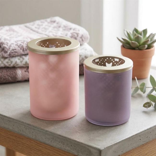 2x Teelichthalter "Schmetterling" aus Glas, Violett & Rosa, 12 + 14 cm hoch, Windlichtglas, Teelichtglas