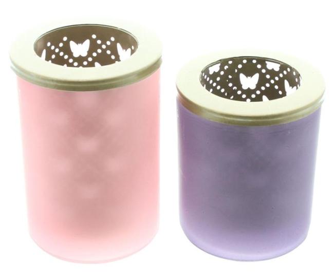 2x Teelichthalter "Schmetterling" aus Glas, Violett & Rosa, 12 + 14 cm hoch, Windlichtglas, Teelichtglas