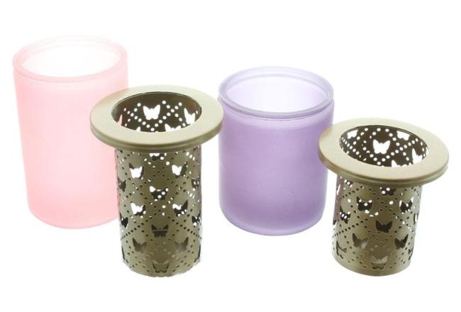 2x Teelichthalter "Schmetterling" aus Glas, Violett & Rosa, 12 + 14 cm hoch, Windlichtglas, Teelichtglas