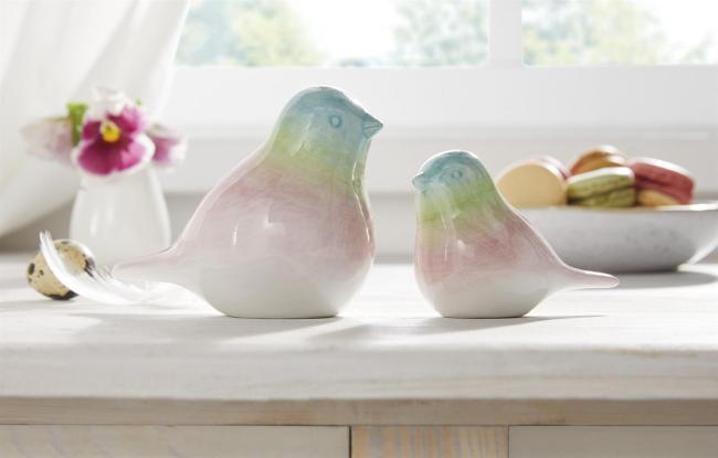 2x Dekofigur Vogel "Pastell" aus Porzellan, glänzend, 9 + 12 cm hoch, Osterdeko, Frühlingsdeko, Figurenset