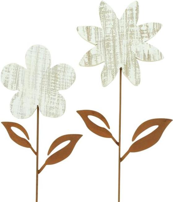2x Gartenstecker "Blume" aus Metall mit Echtrost Finish, Beetstecker, Roststecker, Gartendeko für Draußen
