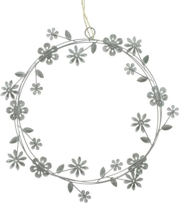 Preview: Dekohänger "Blütenkranz" aus Metall, grau, weiß gekalkt, Ø 24 cm, Dekokranz, Türkranz, Metallkranz, Blütenkranz, Wandkranz