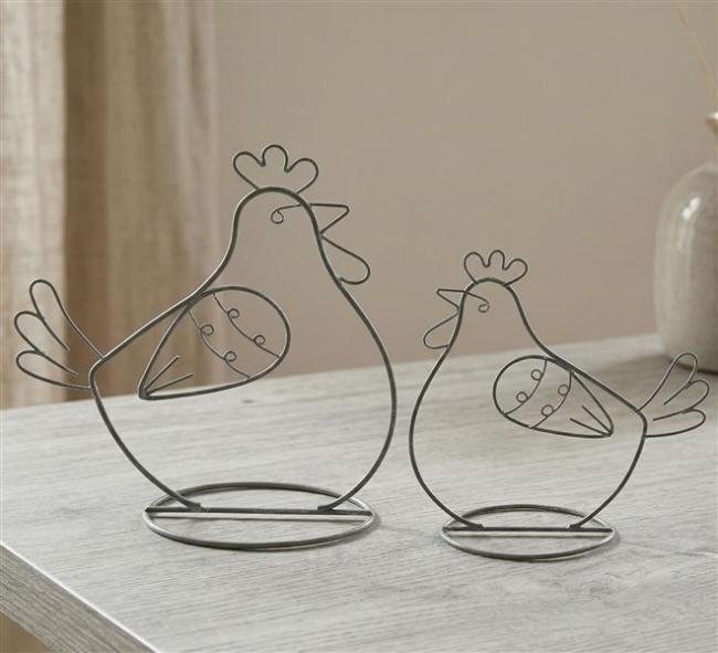 Preview: 2x Dekofigur "Huhn" aus Metall, grau, 14 + 18 cm hoch, Osterdeko, Tischdeko, Dekohuhn