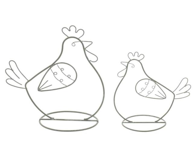 2x Dekofigur "Huhn" aus Metall, grau, 14 + 18 cm hoch, Osterdeko, Tischdeko, Dekohuhn
