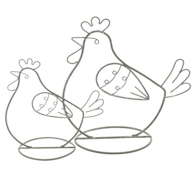 2x Dekofigur "Huhn" aus Metall, grau, 14 + 18 cm hoch, Osterdeko, Tischdeko, Dekohuhn