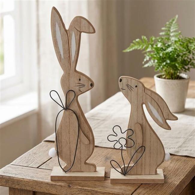 Preview: 2x Dekofigur Hase "Natur" aus MDF, bemalt, mit Metall Deko schwarz, Osterdeko, Osterhase, Hasendeko