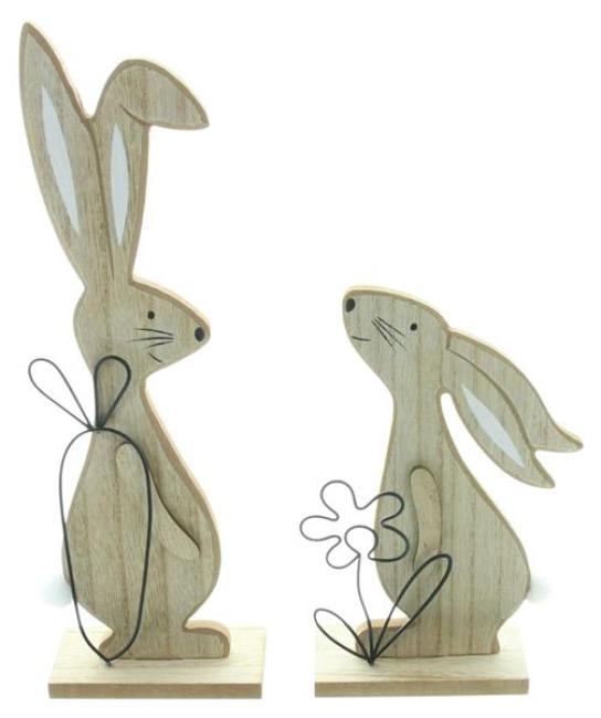 2x Dekofigur Hase "Natur" aus MDF, bemalt, mit Metall Deko schwarz, Osterdeko, Osterhase, Hasendeko