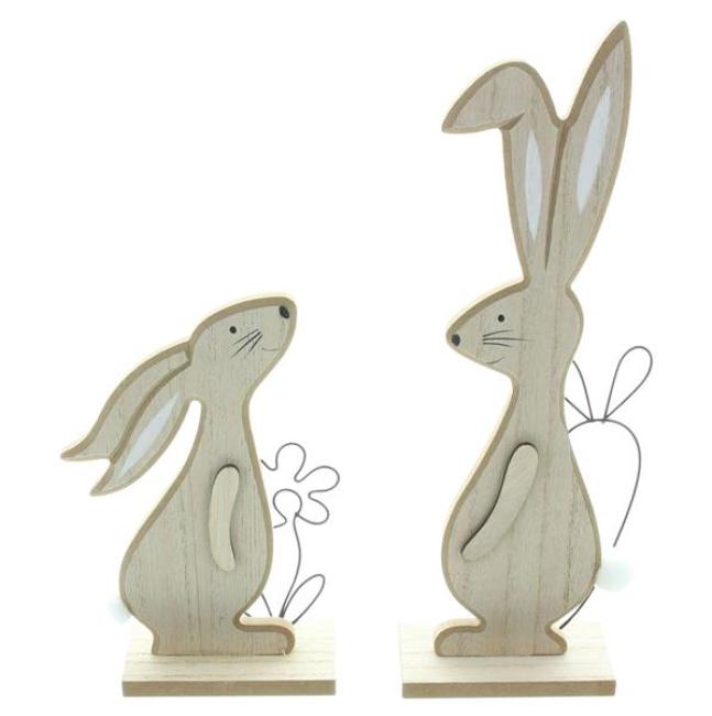 2x Dekofigur Hase "Natur" aus MDF, bemalt, mit Metall Deko schwarz, Osterdeko, Osterhase, Hasendeko