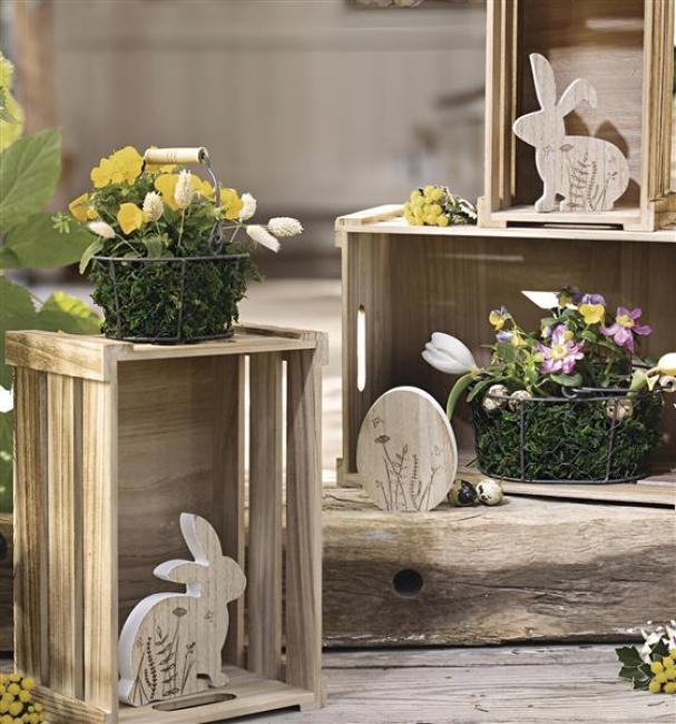 Preview: 3er Set Osterdeko "Hasen & Ei" aus MDF mit Wiesen-Motiv, Dekofigur Osterhase + Osterei, Tischdeko