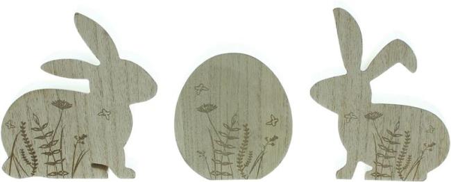 Preview: 3er Set Osterdeko "Hasen & Ei" aus MDF mit Wiesen-Motiv, Dekofigur Osterhase + Osterei, Tischdeko