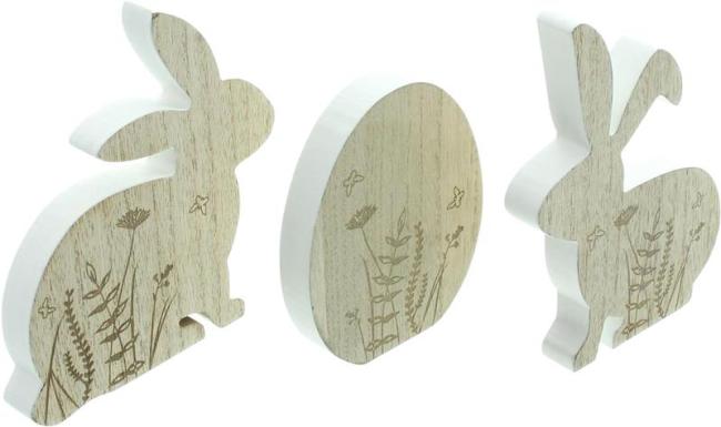 Preview: 3er Set Osterdeko "Hasen & Ei" aus MDF mit Wiesen-Motiv, Dekofigur Osterhase + Osterei, Tischdeko