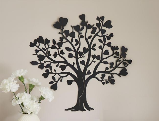 Wandbild "Herzbaum" aus Metall, mattschwarz, 50x48 cm, Wandtattoo, Wandschmuck, Wanddeko