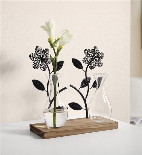 Preview: Board "Flowers" aus Holz, 2 Metall Blumen in schwarz & 2 Vasen aus Glas, Dekoboard, Vasenhalter, Blumenvase