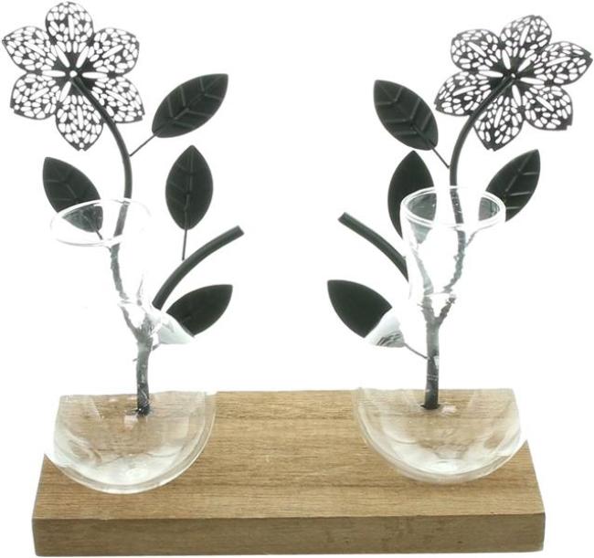 Preview: Board "Flowers" aus Holz, 2 Metall Blumen in schwarz & 2 Vasen aus Glas, Dekoboard, Vasenhalter, Blumenvase