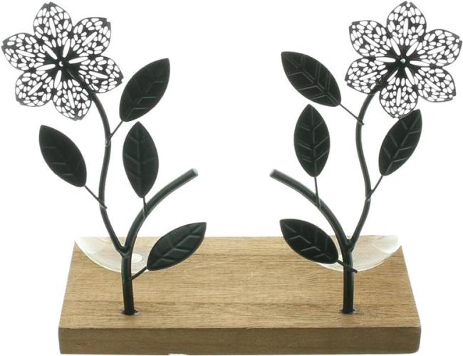 Preview: Board "Flowers" aus Holz, 2 Metall Blumen in schwarz & 2 Vasen aus Glas, Dekoboard, Vasenhalter, Blumenvase